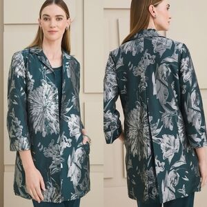 NWT Chico's Travelers Green and Silver Floral Jacquard Jacket